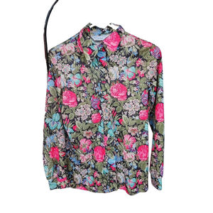 Vintage Floral Groovy Polyester Button Down Collared Shirt Ladies Medium
